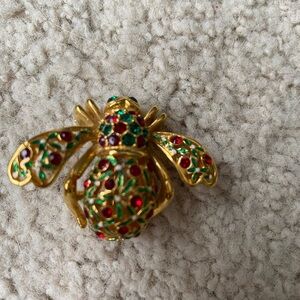 Gold and Red Bejeweled Bee Brooch